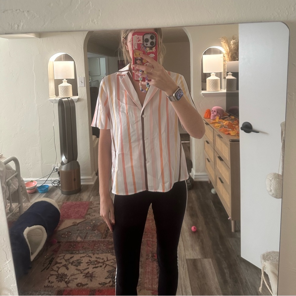 Halogen Striped Short Sleeve Button-Up Blouse